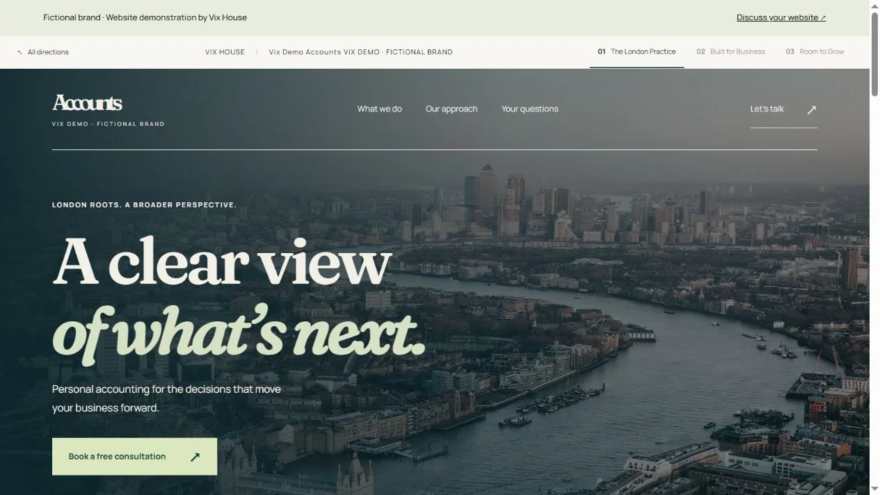 Vix Demo Accounts The London Practice website concept, with a London skyline and editorial typography.