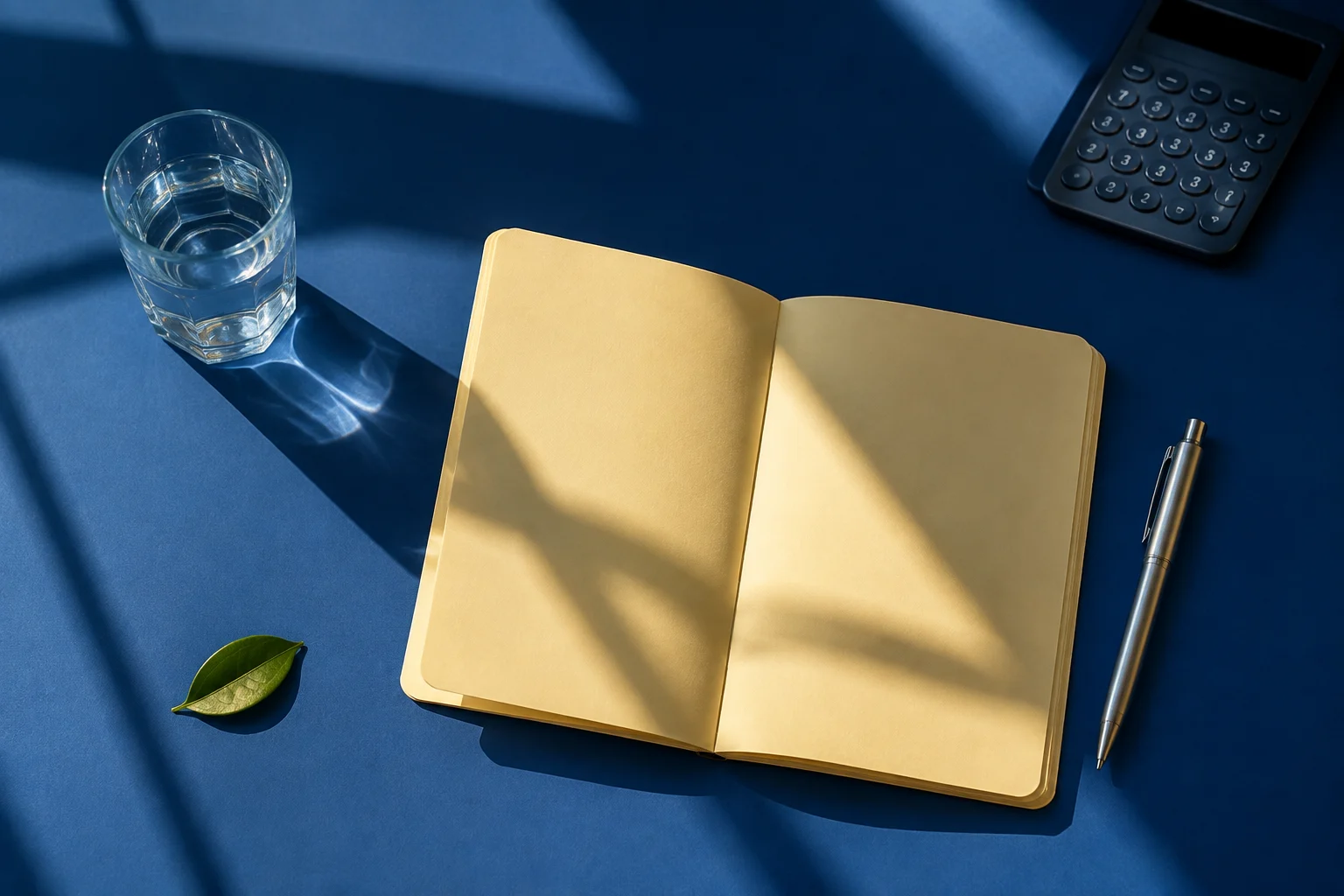 Illustrative still life of a blue desk with a notebook, pen and calculator
