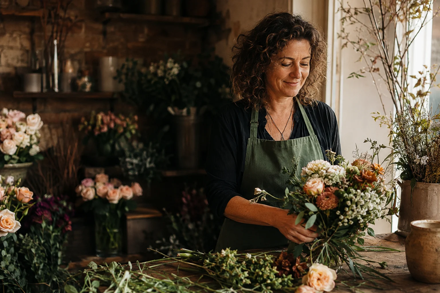 Illustrative photograph of an independent florist arranging flowers in her shop