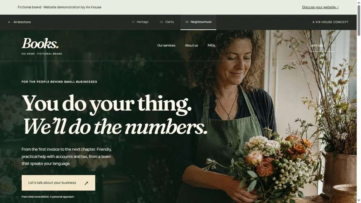 Vix Demo Books Neighbourhood website concept, with an independent florist and a personal accounting message.