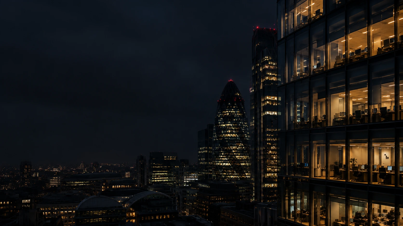 Detail of illuminated London office architecture, illustrative