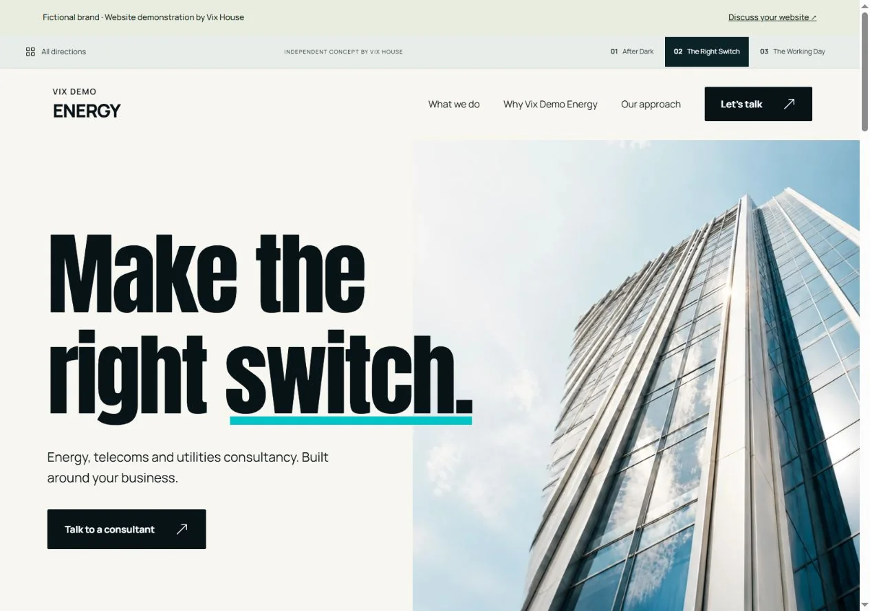The Right Switch website concept, with bold typography and sunlit office architecture.