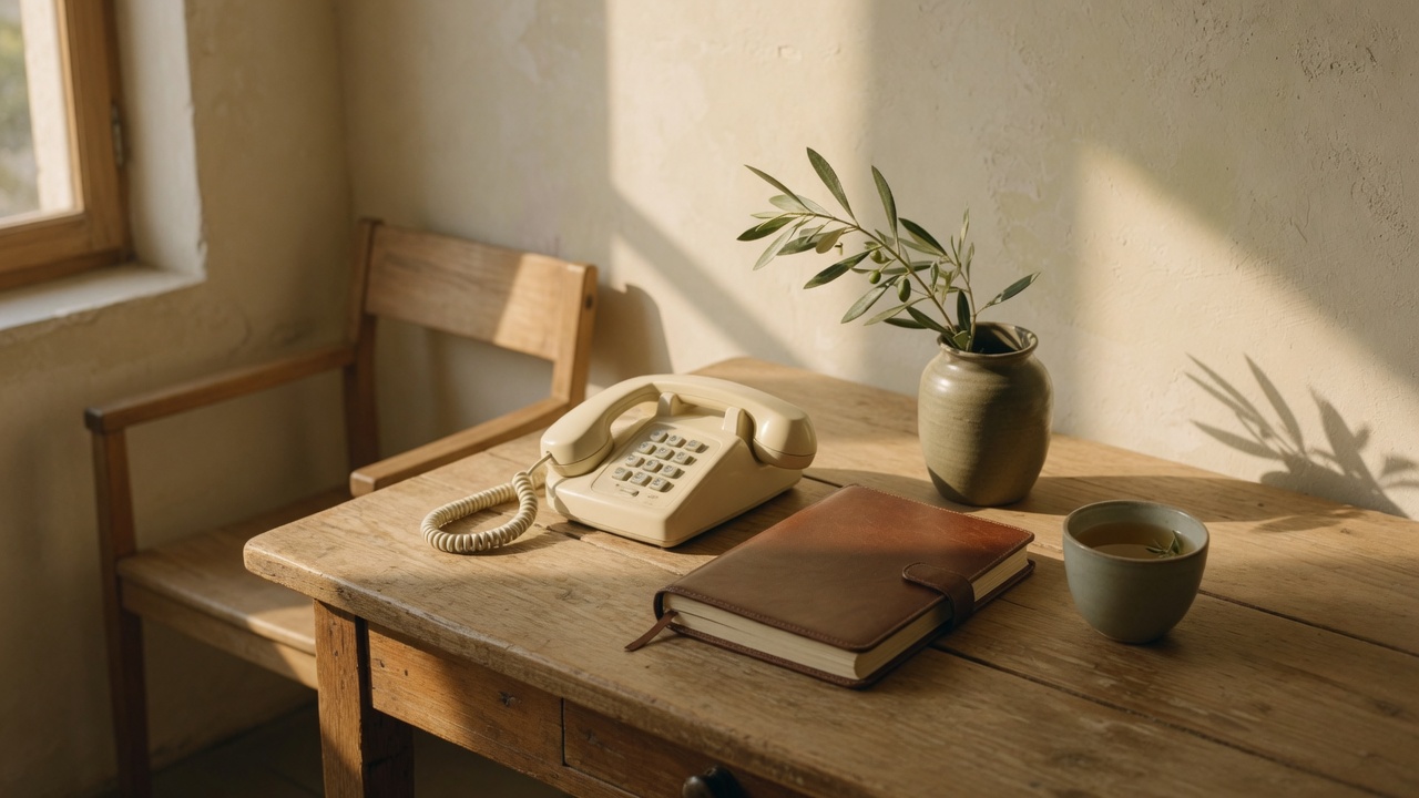 A quiet desk with a telephone, a closed notebook and an empty chair.