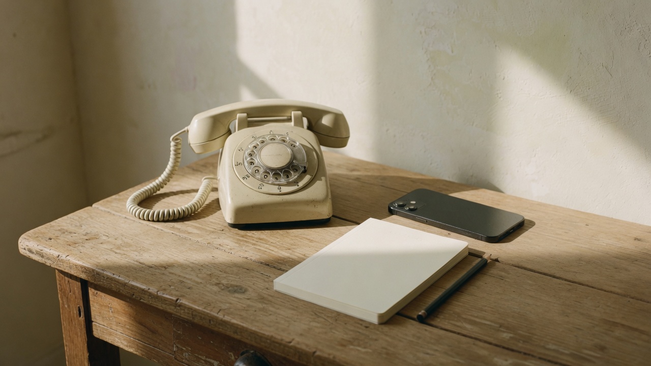 A cream telephone beside a silent smartphone on an empty wooden desk.