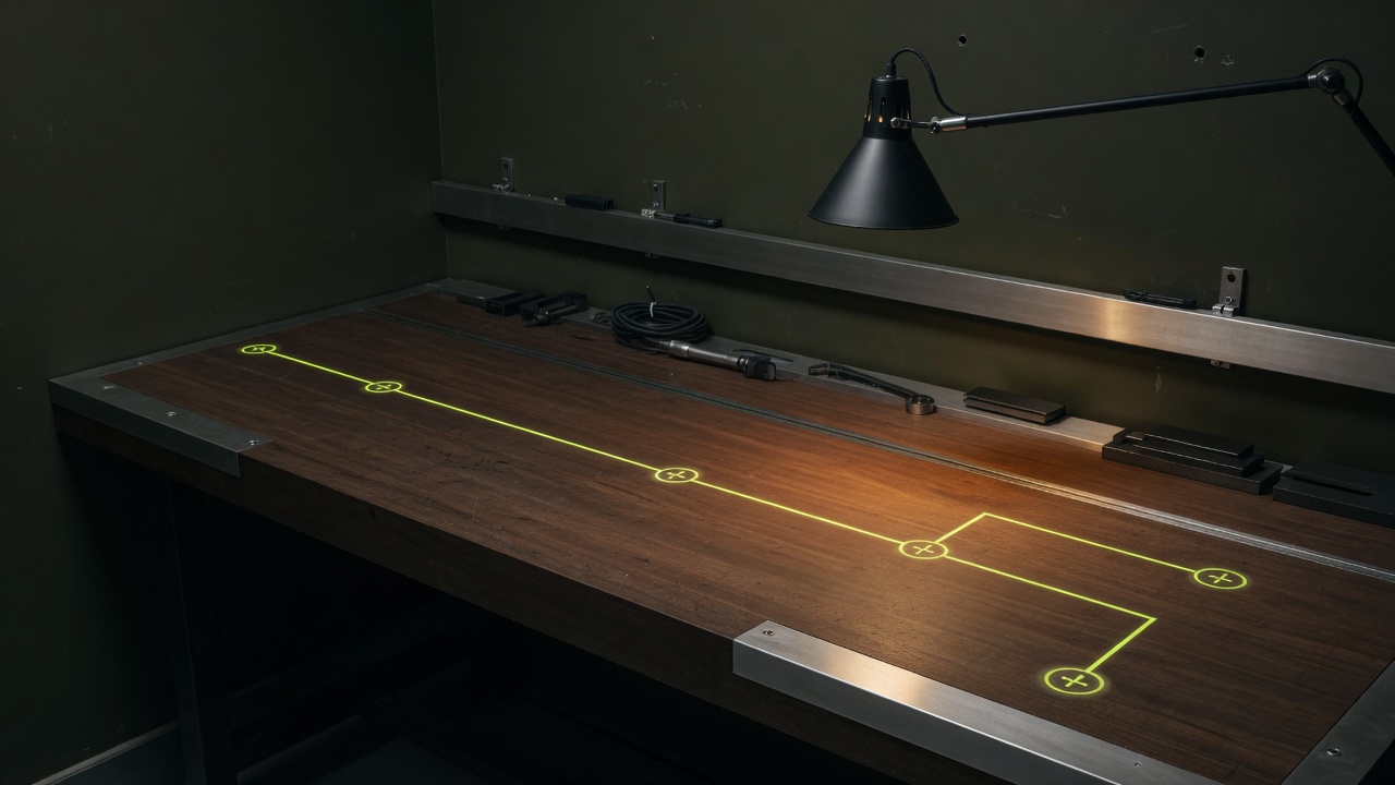 A dark workshop bench with a lime diagnostic path projected on the wood.