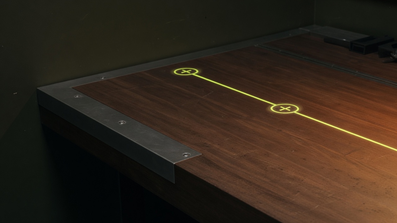 A dark walnut workbench with a lime diagnostic line projected on the surface.